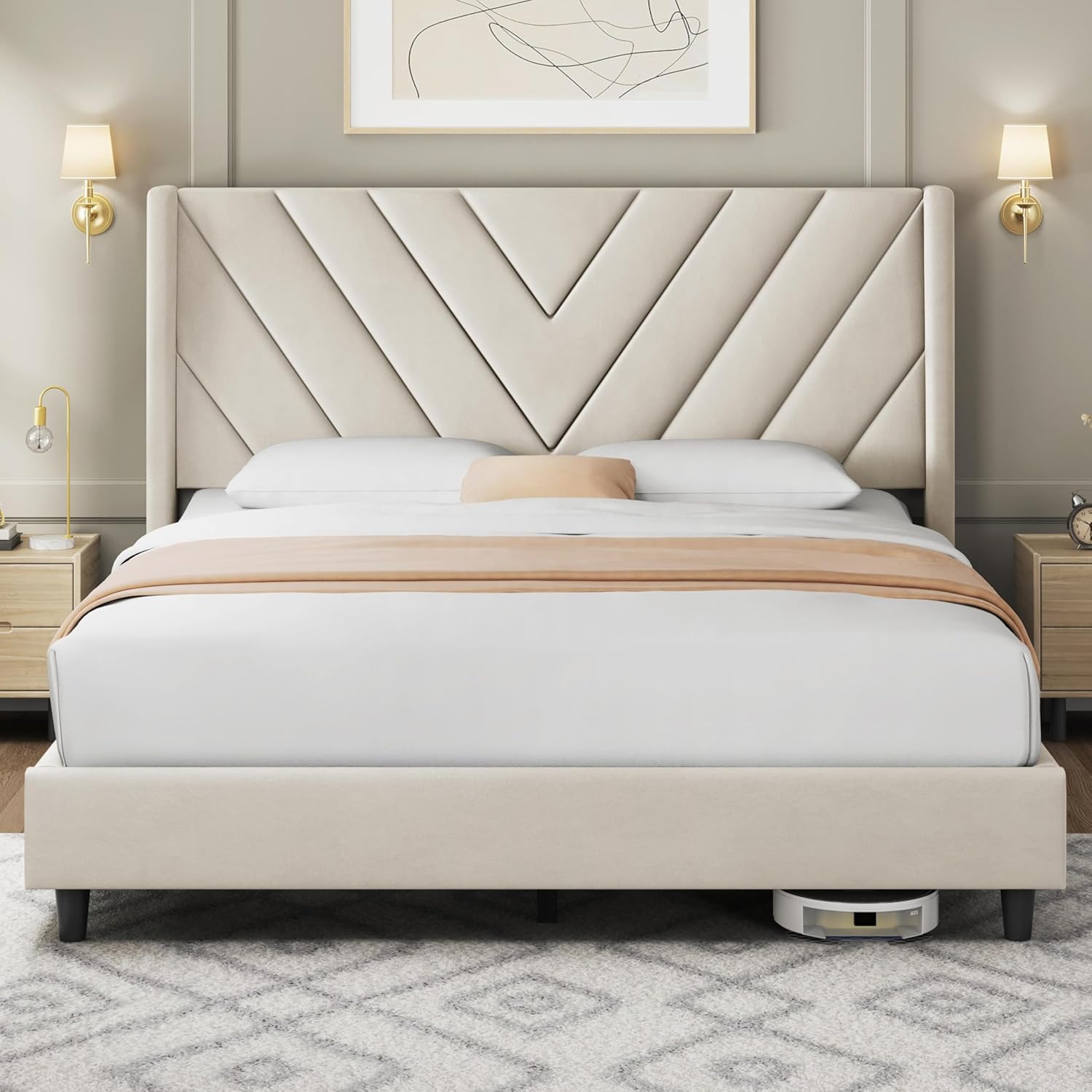 Yaheetech Queen Bed Frame with Wing Side Design for Comfort