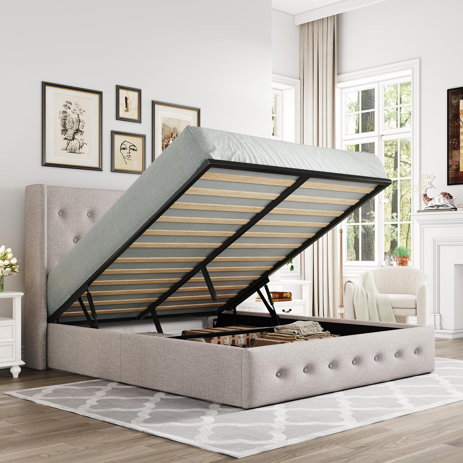 Allewie Queen Size Lift Up Storage Bed with Elegant Design