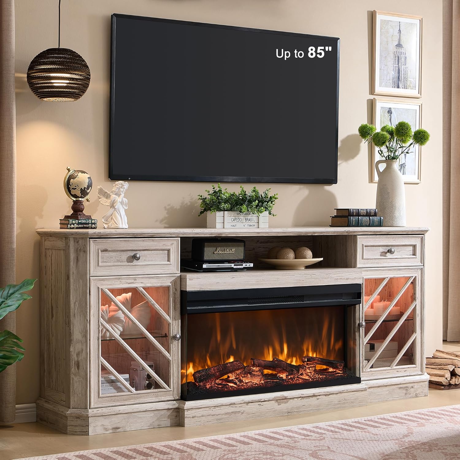 OKD 75 Electric Fireplace TV Stand - Modern Highboy Center