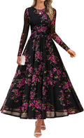 Women's Maxi Mesh Floral Dress - Long Sleeve Ruched A-Line