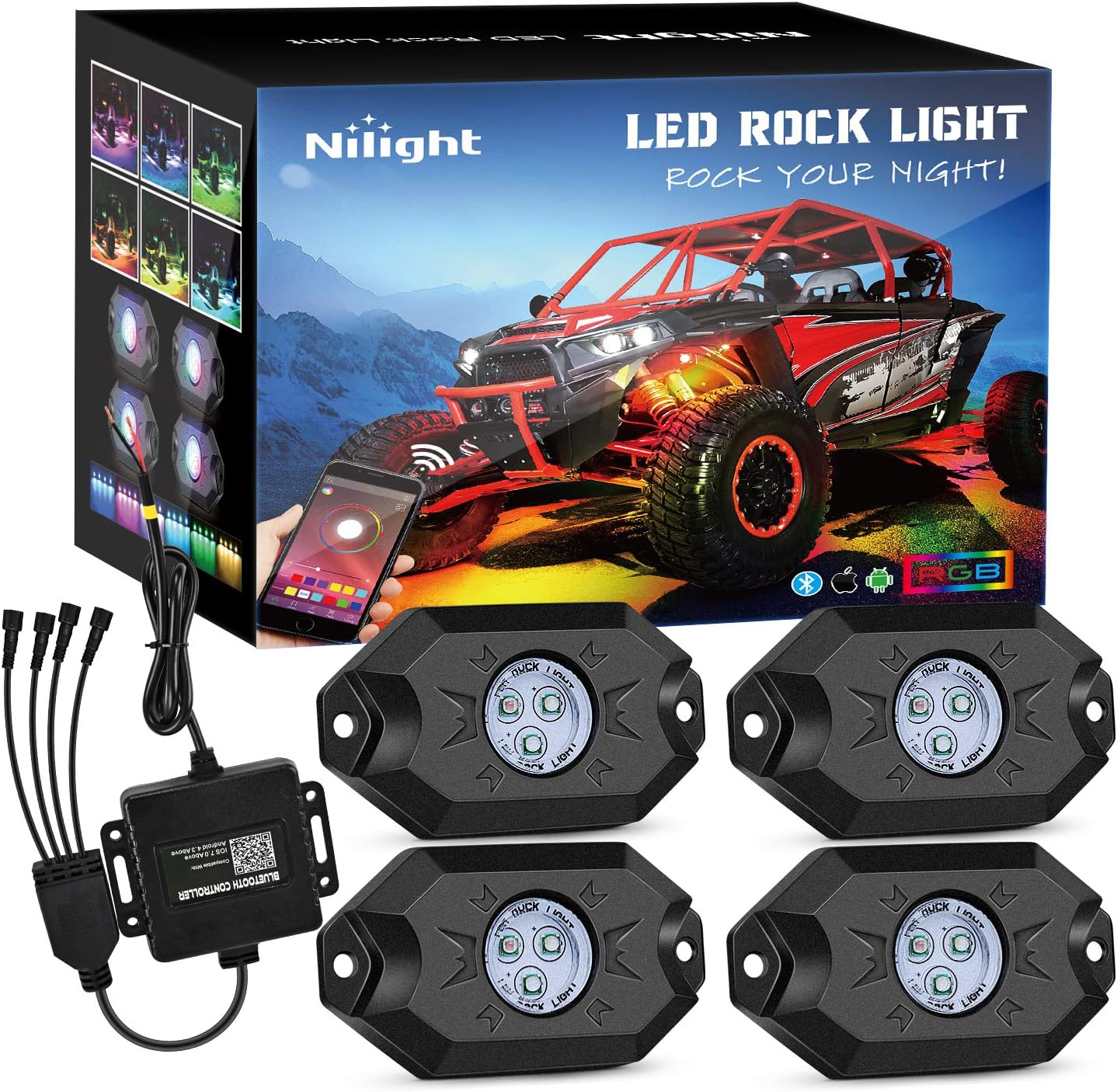 Nilight RGB LED Rock Lights Kit for Trucks and ATVs - Multicolor