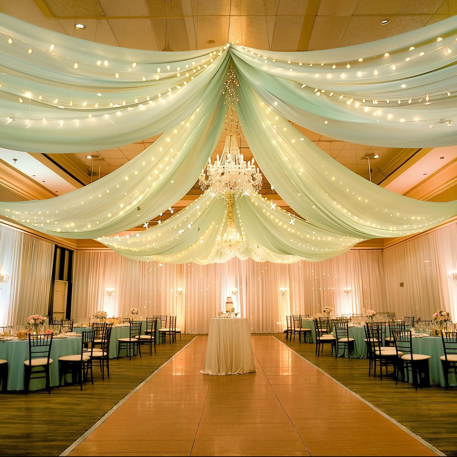Sage Green Ceiling Drapes with Lights for Stunning Weddings