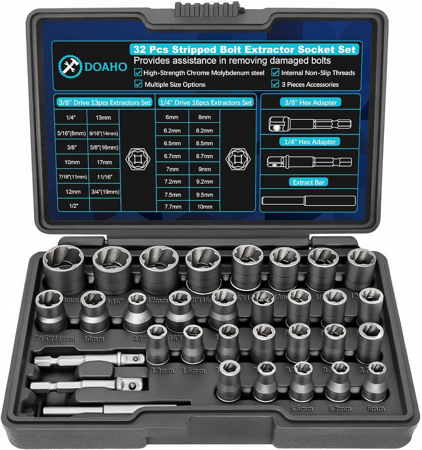 32Pcs Bolt Extractor Socket Set for Stripped Nut Removal