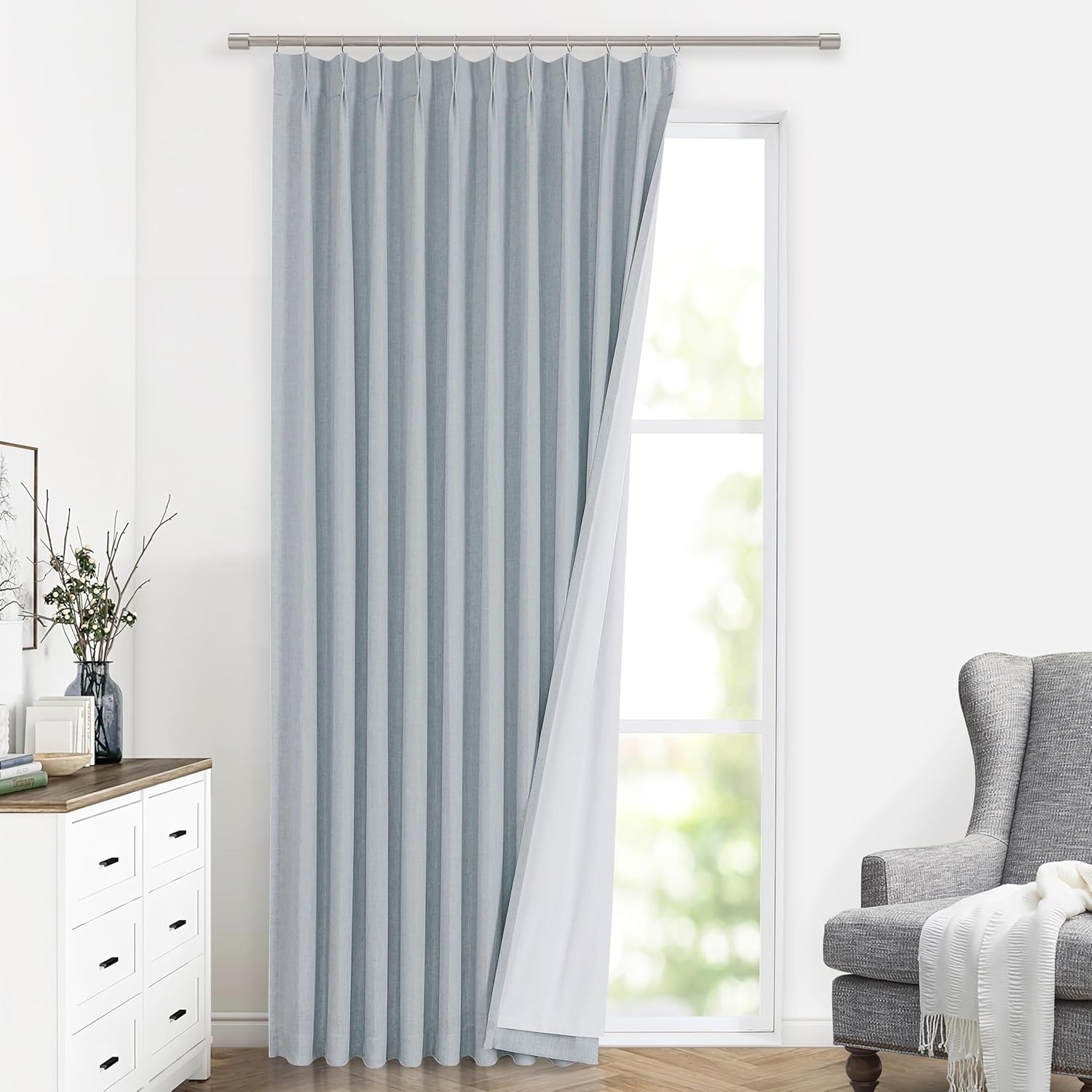 Blue Fog Pinch Pleated Full Blackout Curtains for Home Decor