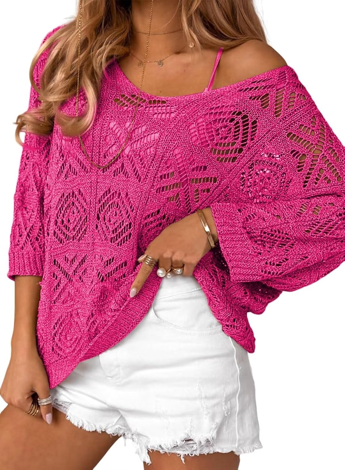 Dokotoo Women's Crochet Hollow Out Off Shoulder Pullover Sweater