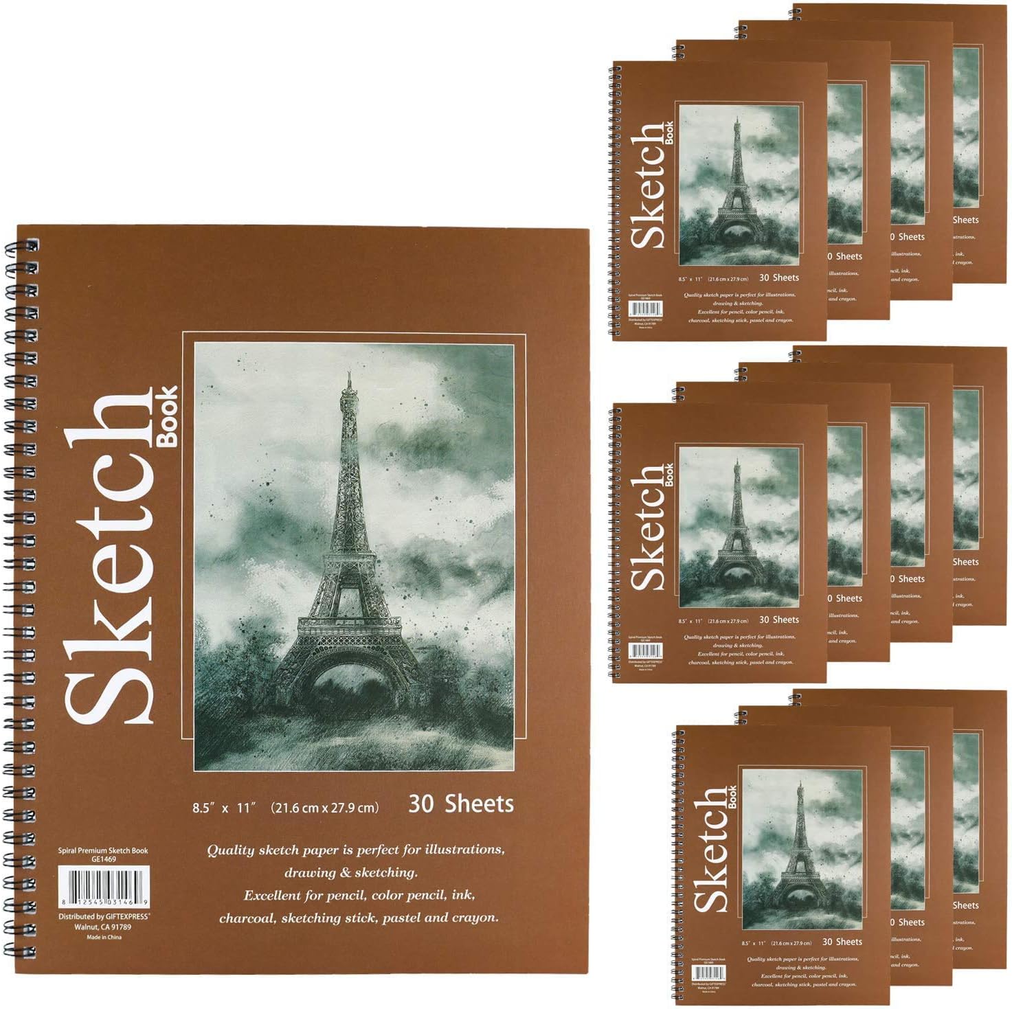 GiftExpress 12-Pk Premium Spiral Sketch Pads Set - 30 Sheets Each - 8.5 X 11 - Ideal for Pencil, Ink & Pastel