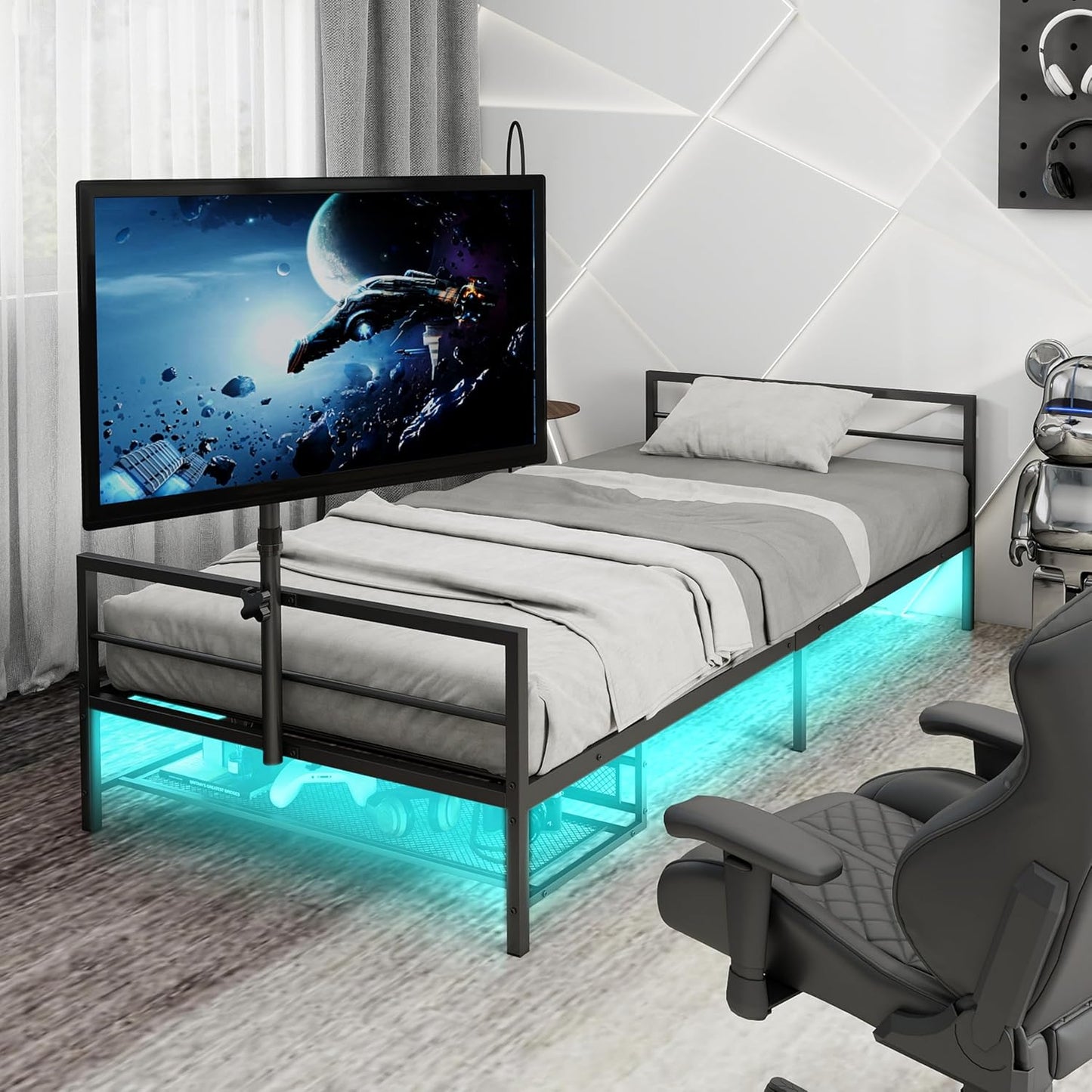 Gamer's Dream Bed: LED Lit, TV Mount, Storage- Twin