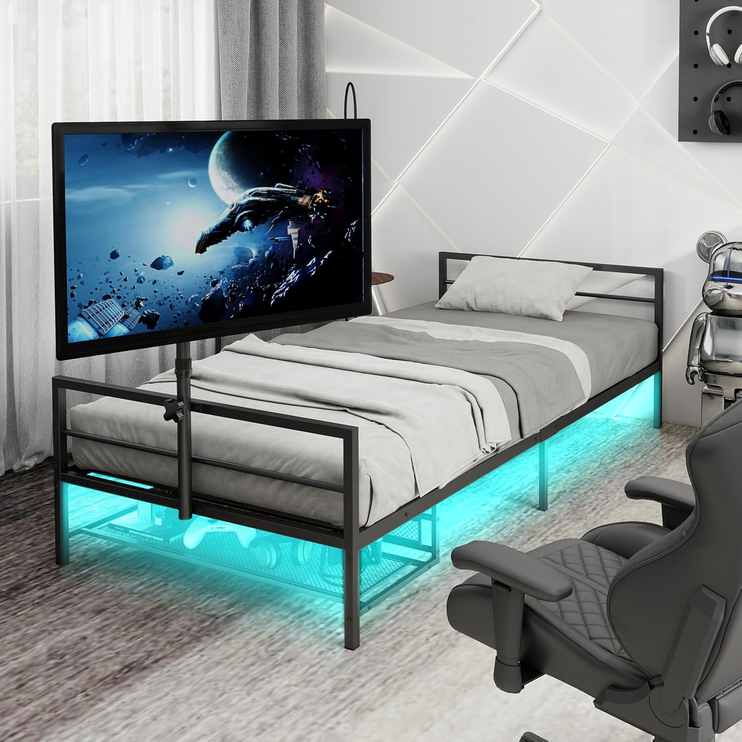 Gamer's Dream Bed: LED Lit, TV Mount, Storage- Twin