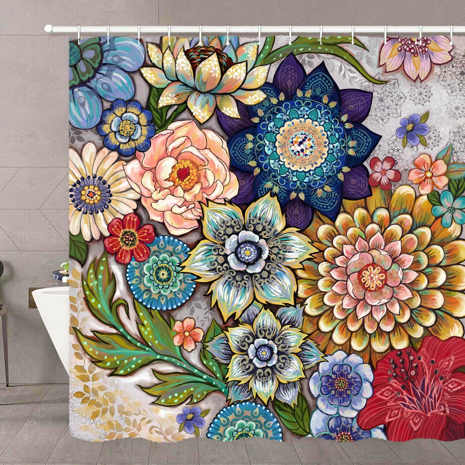 Neasow Boho Floral Shower Curtain: Vibrant Blossom Design, 12 Hooks Included!