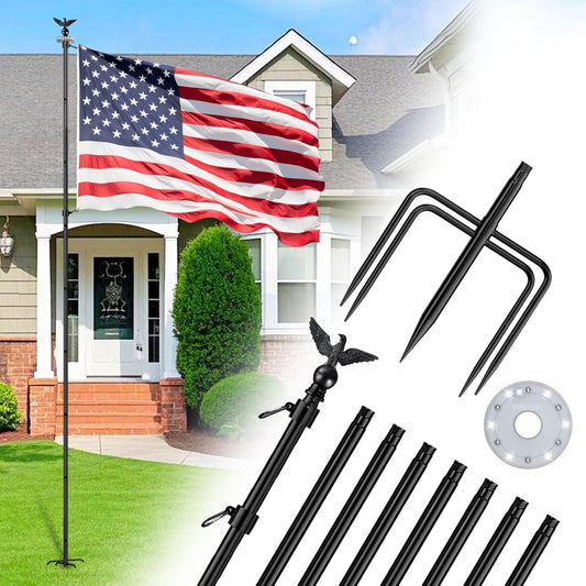 10 FT Heavy Duty Flag Pole Kit with Solar Light and Eagle Topper