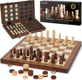 2 in 1 Magnetic Wooden Chess and Checkers Board Game Set - Portable