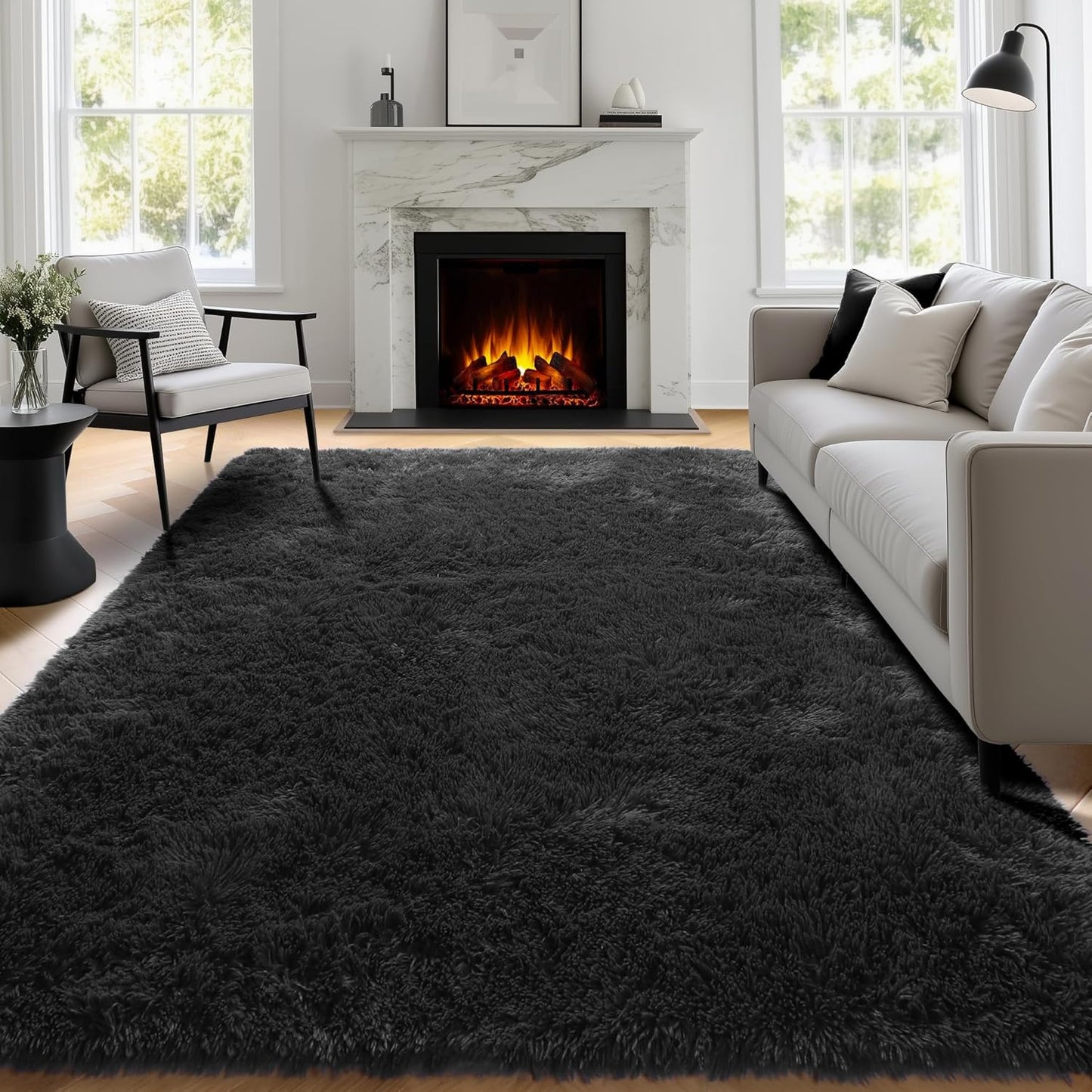 PAGISOFE Black Fluffy Shag Area Rug 5x7 for Cozy Spaces