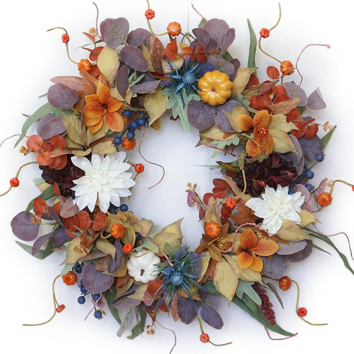 24 Inch Fall Wreaths for Front Door with Pumpkins & Flowers