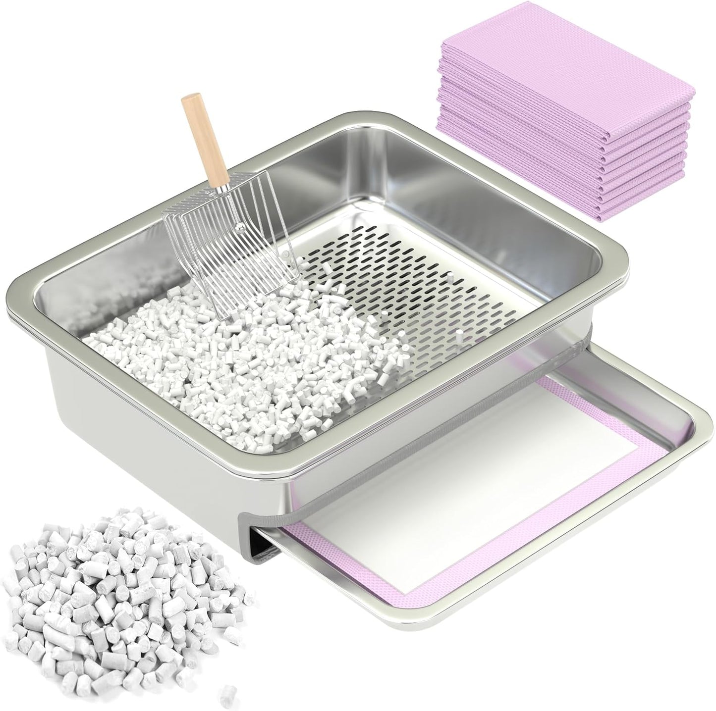Dual-Layer Stainless Steel Cat Sifting Litter Box for Odor Control
