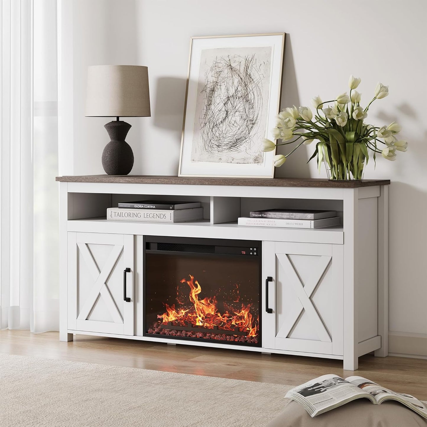 Farmhouse Fireplace TV Stand w/ Electric Heater & Storage - White
