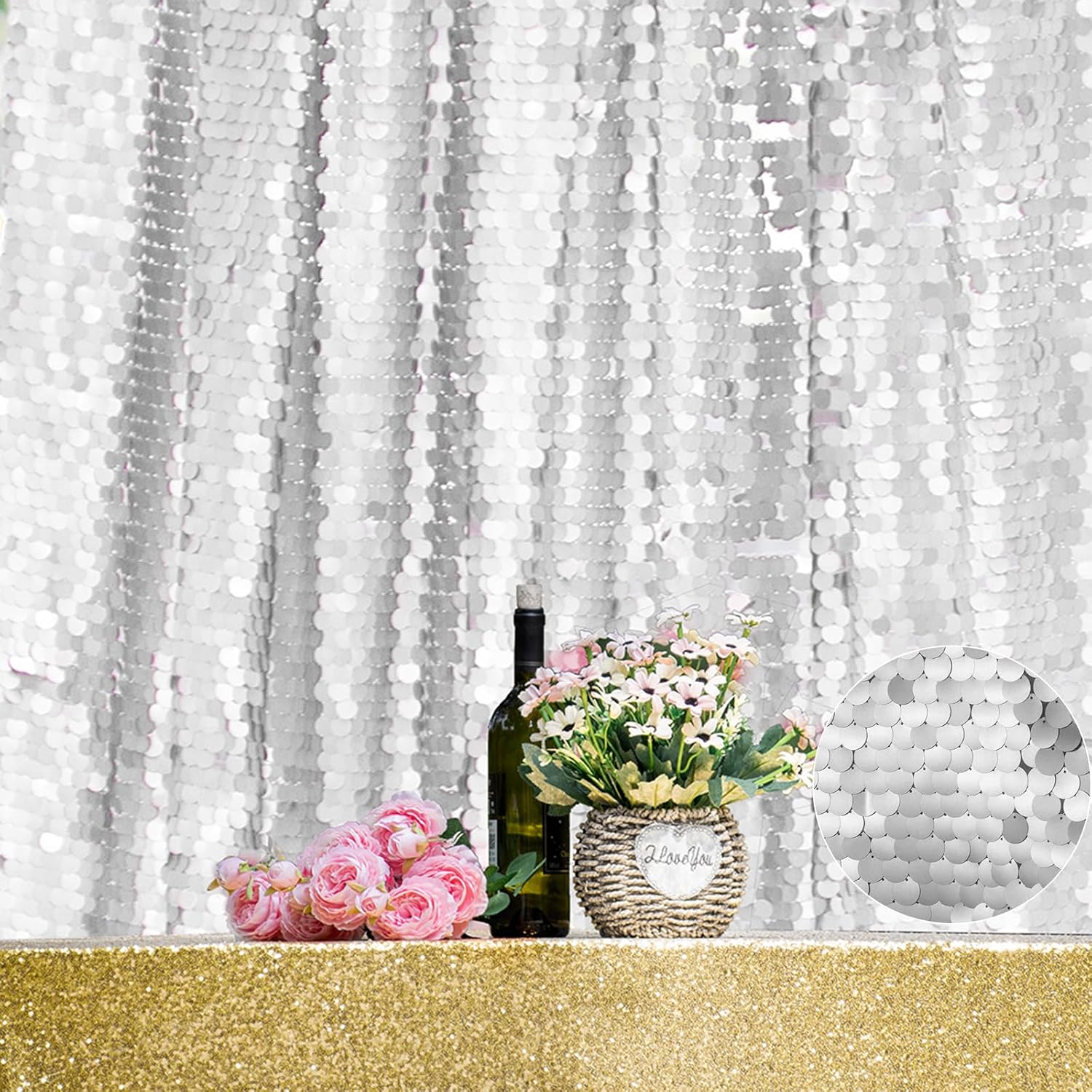 JYFLZQ Silver Payette Sequin Backdrop Curtains for Events