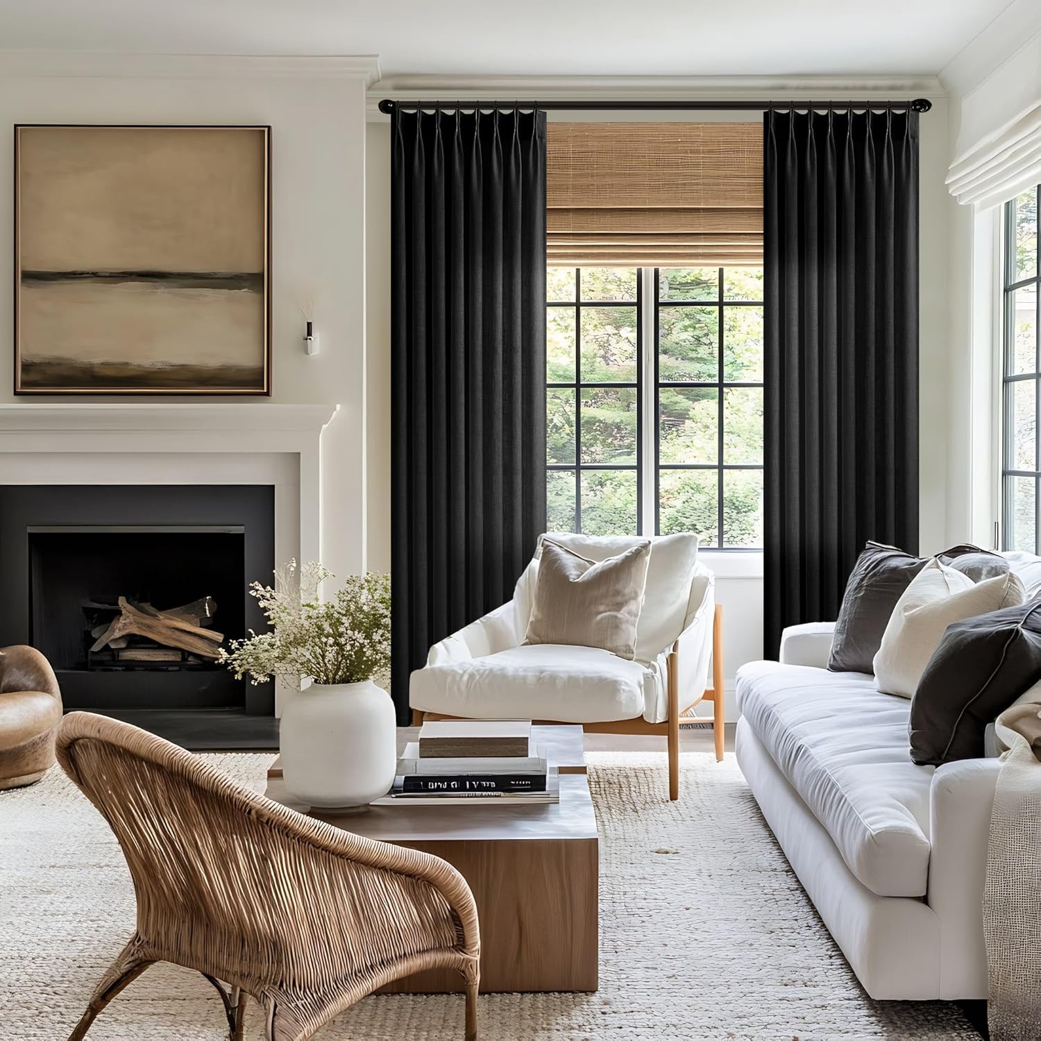 Black Pinch Pleated Linen Curtains for Living Room & Bedroom