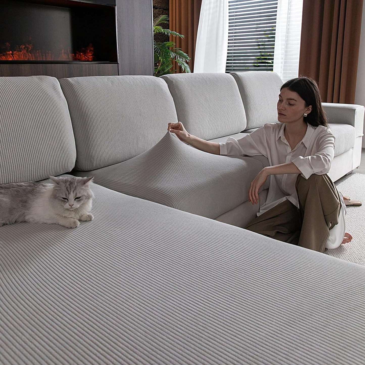 Wear Resistant Stretch Sofa Covers for Pets, Light Gray Cushion