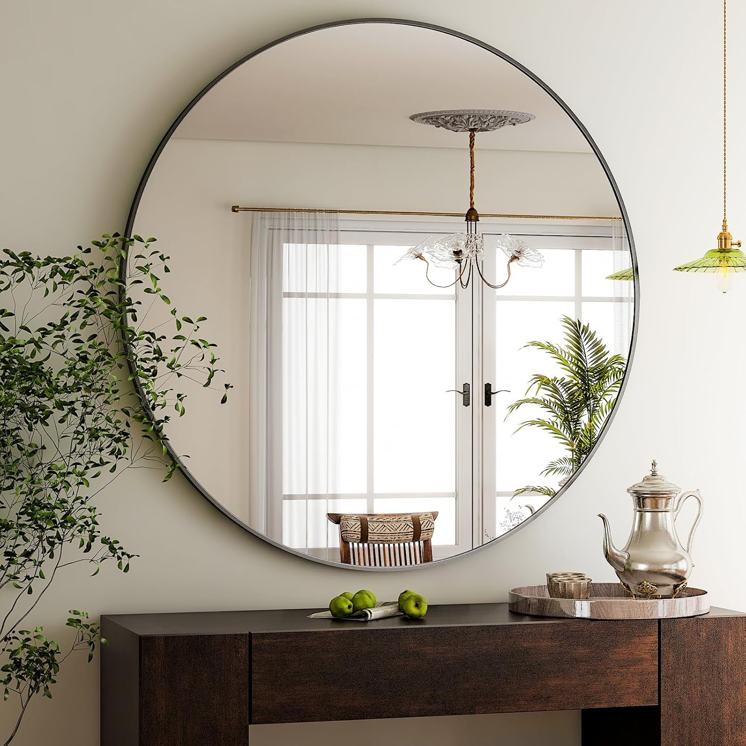 48 Round Bathroom Mirror with Aluminum Alloy Frame for Modern Decor