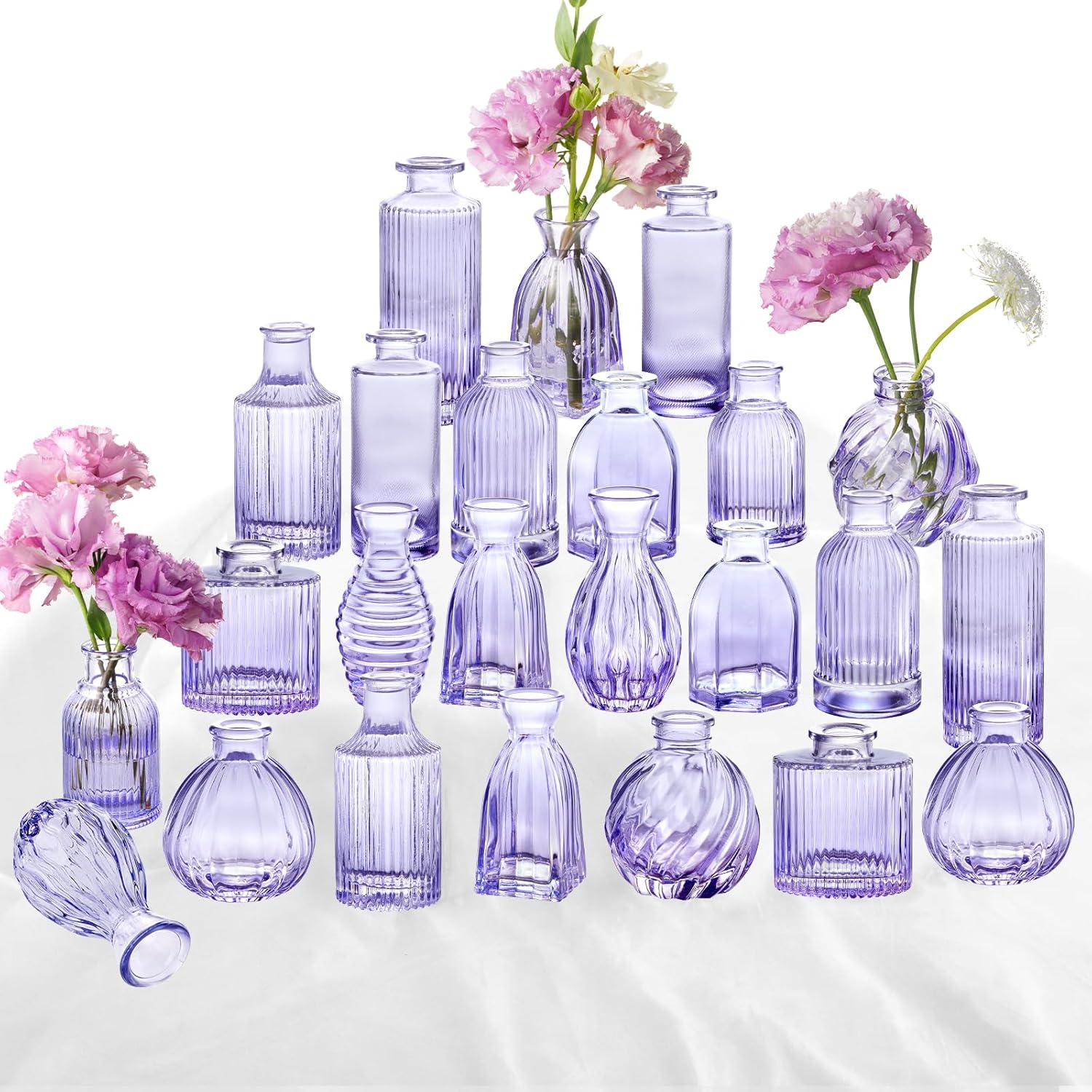 24 Purple Glass Bud Vases for Flowers - Modern Ribbed Decor