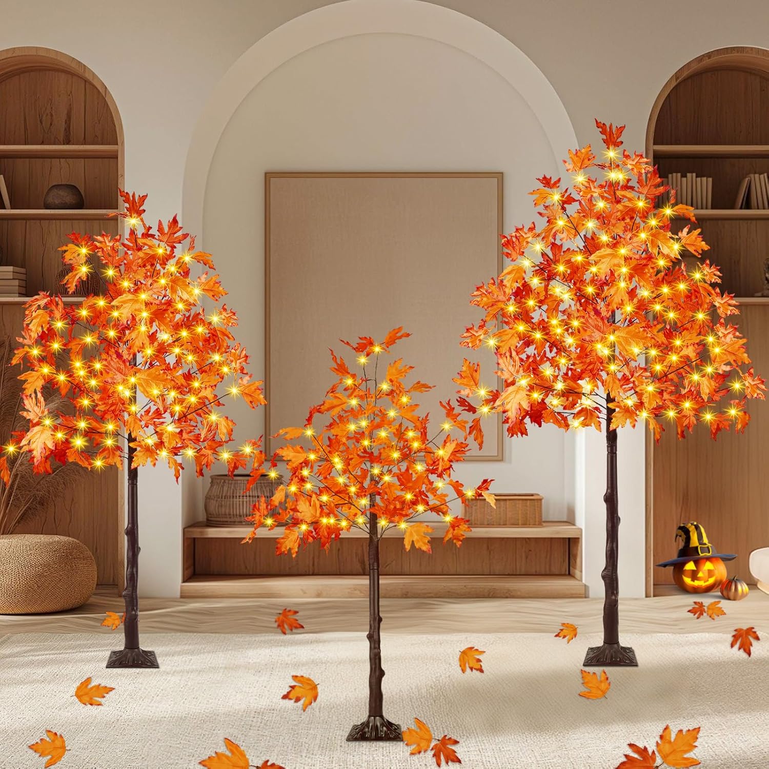 Set of 3 Pre-lit Artificial Lighted Maple Trees for Fall Decor