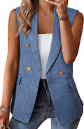 Womens Sleeveless Vest Tops Double Breasted Tweed Blazer - Work