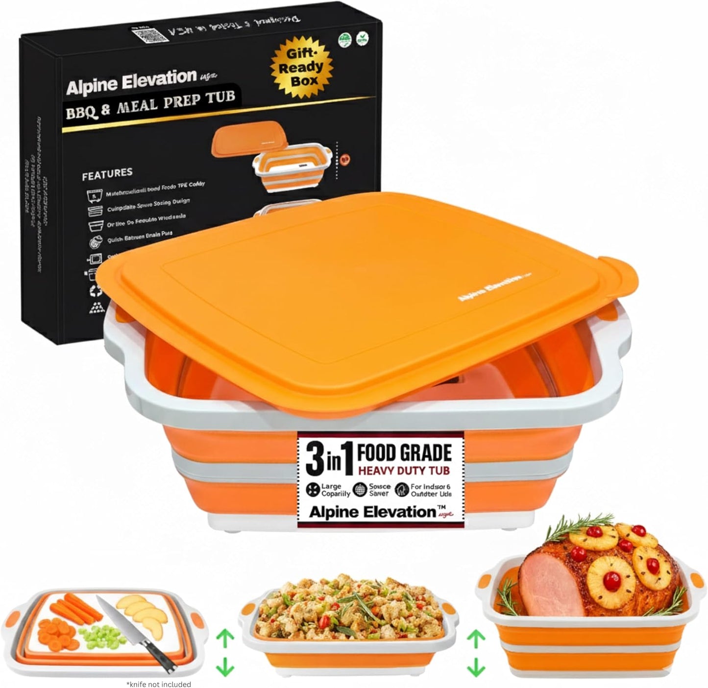 Collapsible Large BBQ Marinating Tub with Cutting Board - Bold Orange