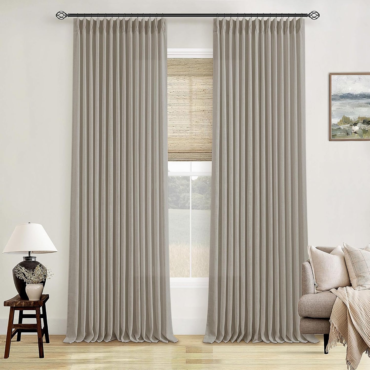 Flax Burlap 90 Inch Pinch Pleated Linen Curtains for Home
