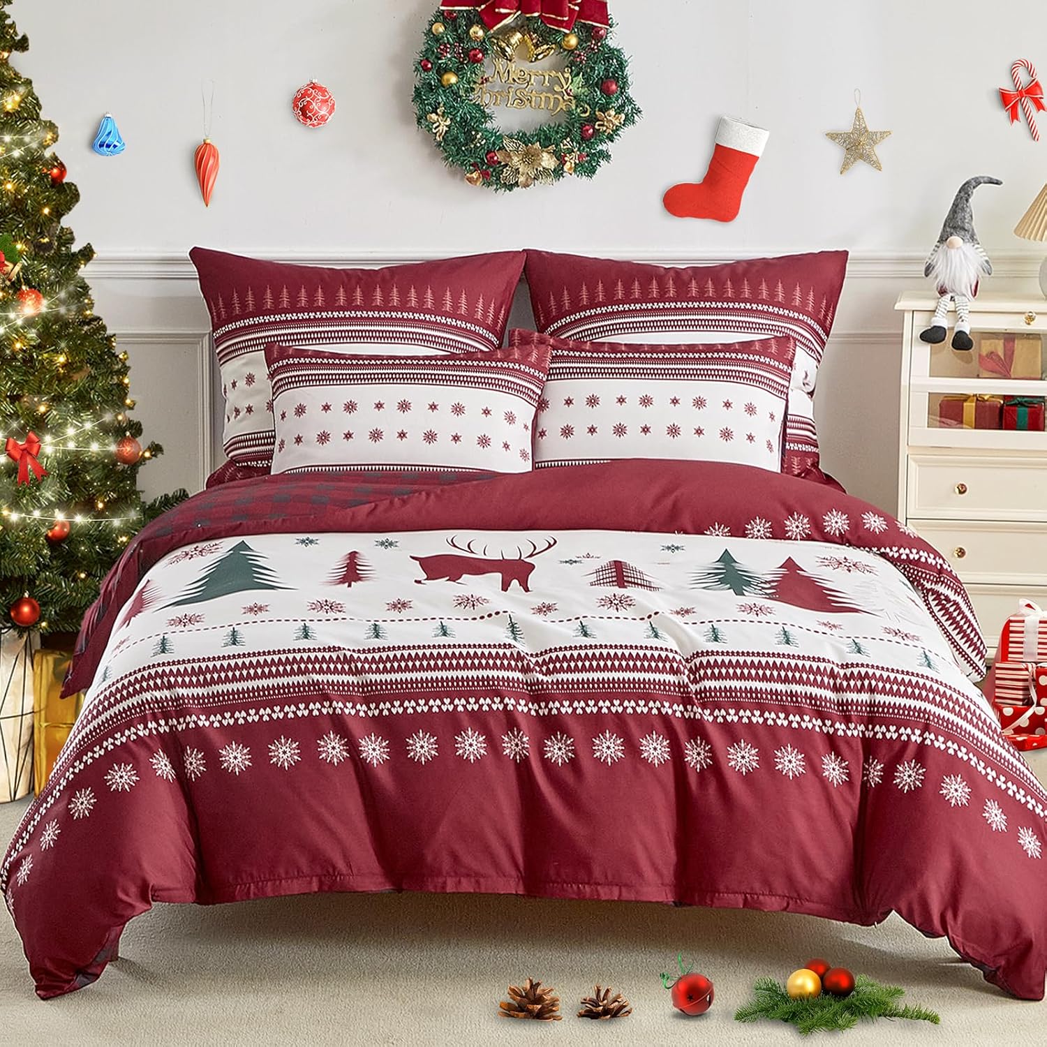 Lekesky Christmas Duvet Cover King Size with Reversible Design