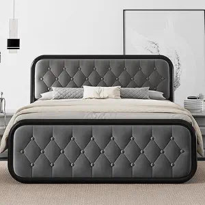 Feonase Queen Size Bed Frame with Upholstered Headboard and Storage