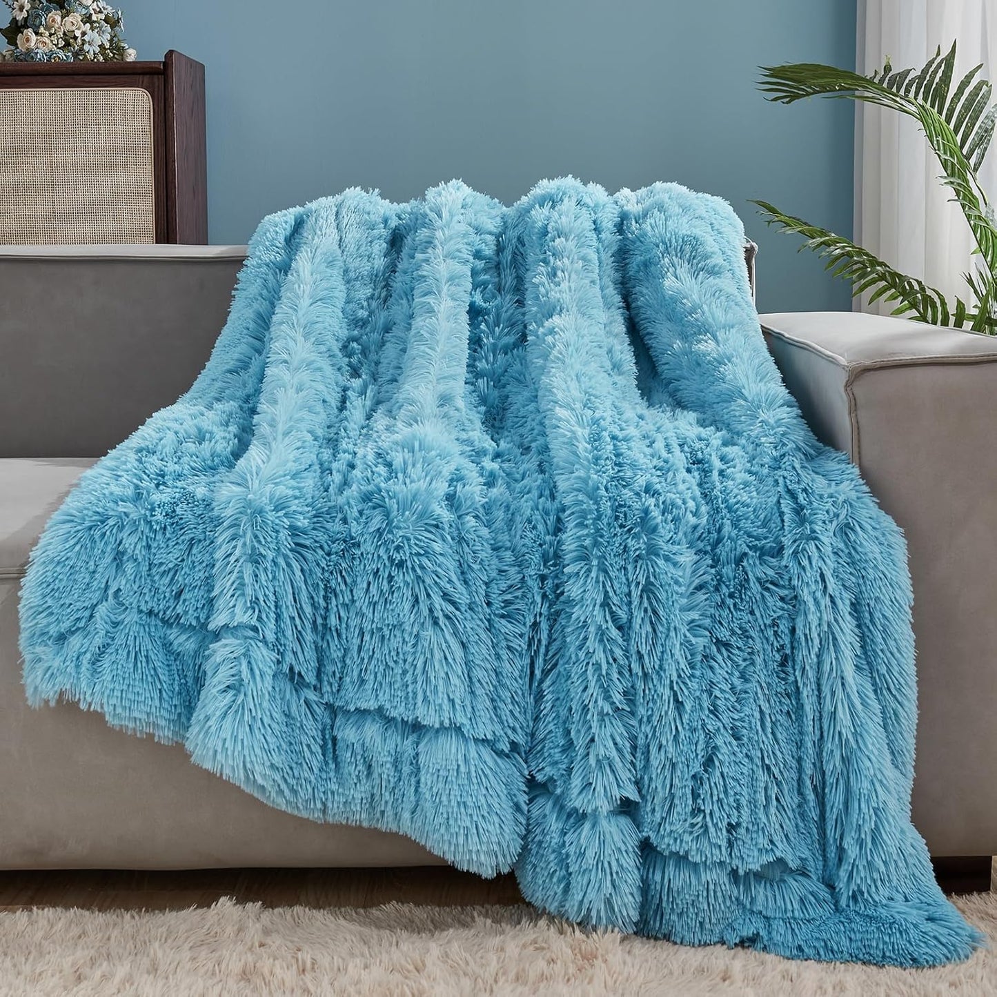 GONAAP Fuzzy Faux Fur Throw Blanket Twin Size Sky Blue Cozy Plush