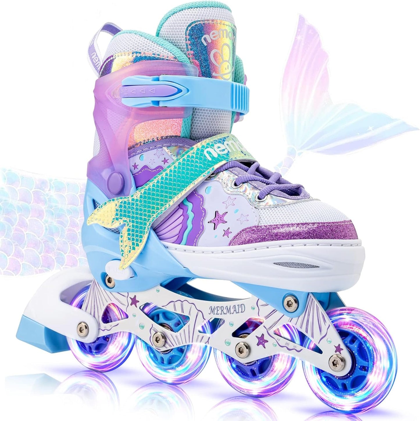 NEMONE Mermaid Inline Skates for Kids with Light Up Wheels