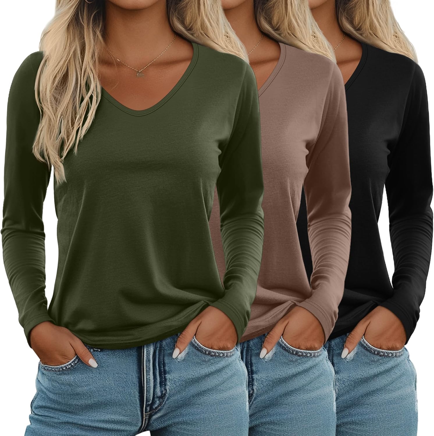 Ficerd Women's Long Sleeve V Neck T Shirts 3 Pack for Fall
