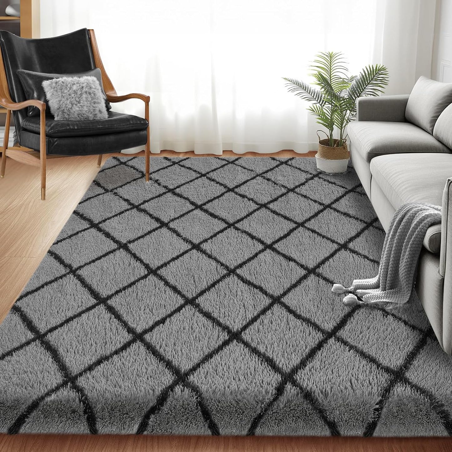 Fluffy Rug for Bedroom, 6X9Feet Stripe Checkered Design