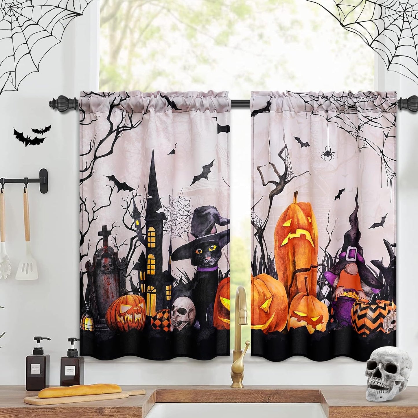 Halloween Tier Curtains - Spooky Kitchen Decor 26x36 2 Panels