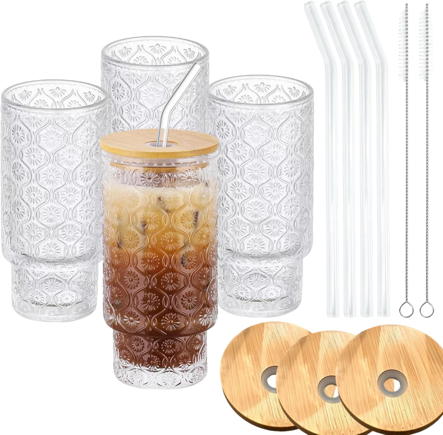 Vintage Glass Cups with Bamboo Lids and Straws for Iced Coffee