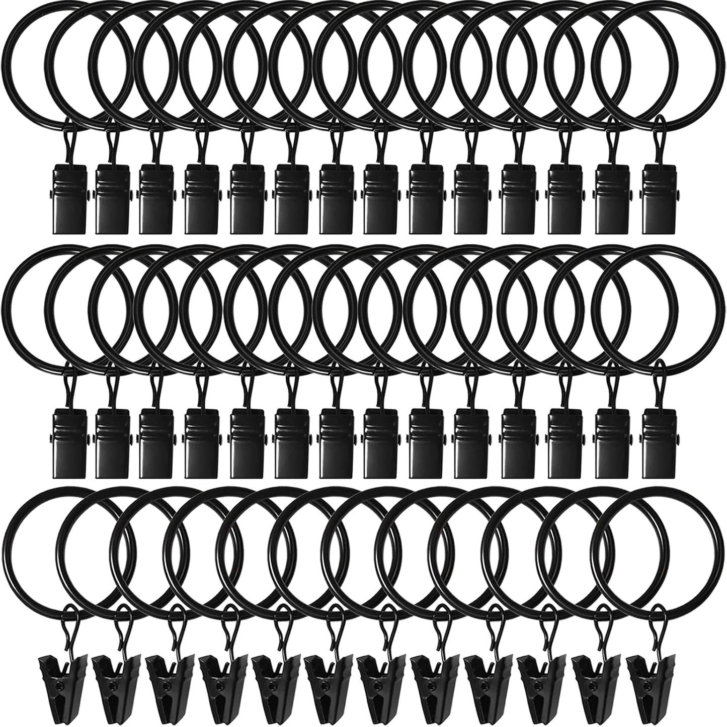 40 Pack Black Curtain Rings with Clips - Easy Drapery Hanging