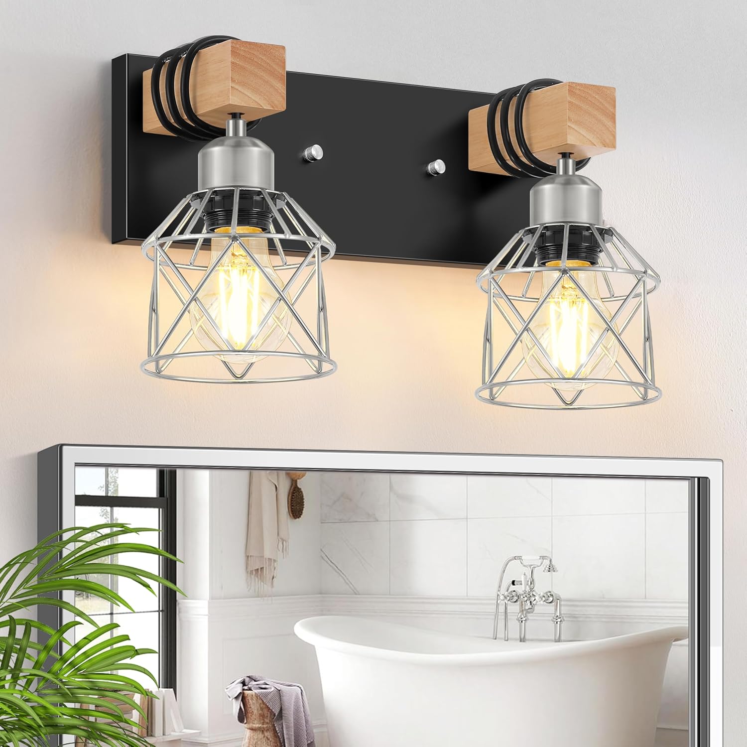 FadimiKoo Rustic 2-Light Wood Vanity Lights for Bathroom