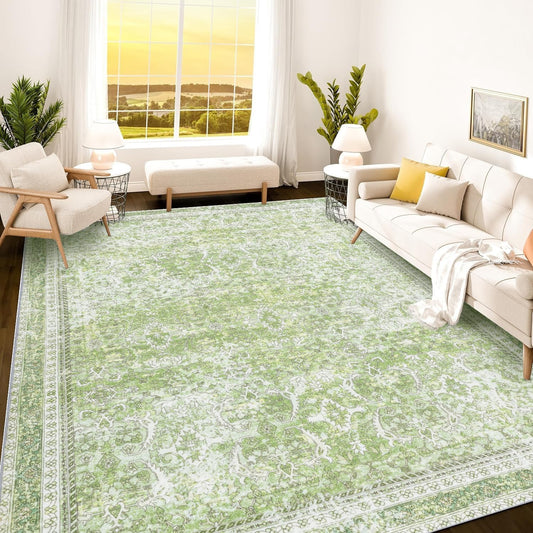 Istana 9x12 Area Rug - Light Green Washable Living Room Rug