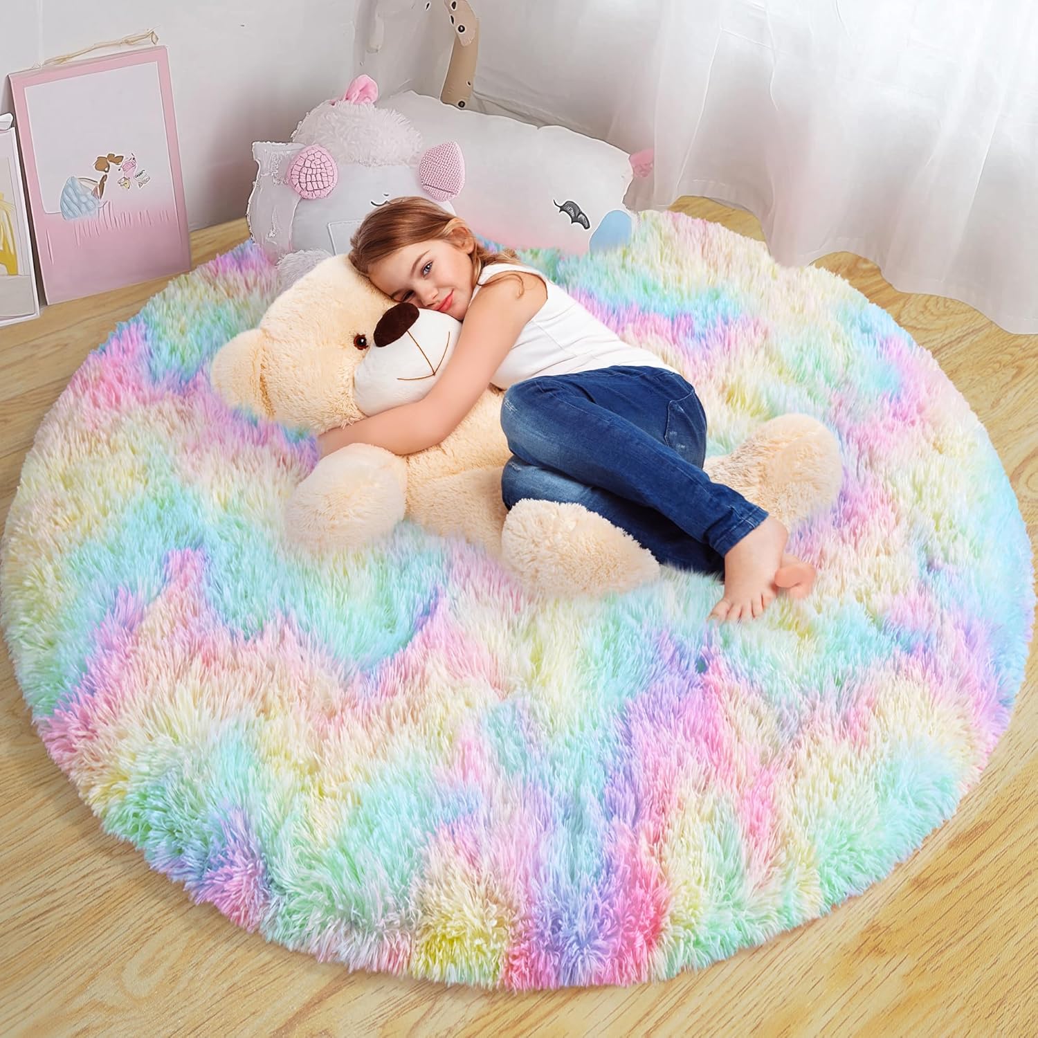 Round Fluffy Rugs 5Ft for Girls Bedroom and Playroom Decor