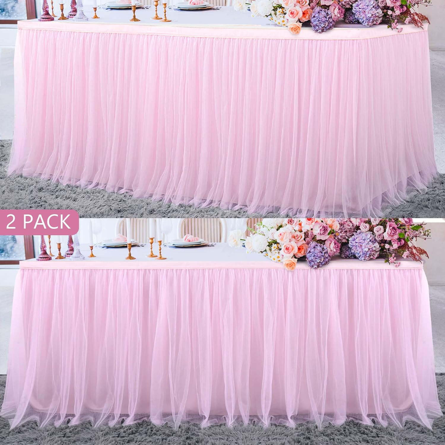 Pink Tulle Table Skirts for Rectangle or Round Tables - 2 Pack