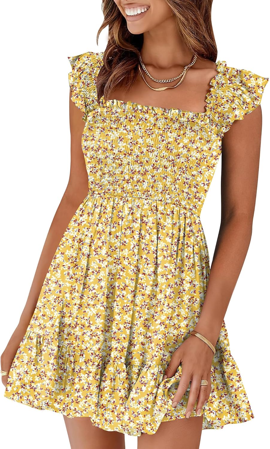 Prinbara Womens Summer Casual Square Neck Smocked Sundress
