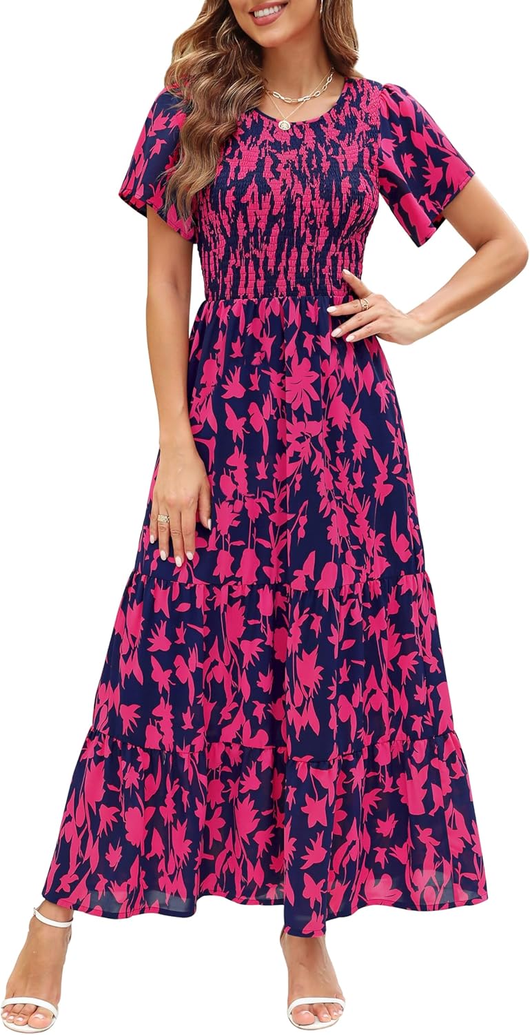 Floral Maxi Dress for Women - Smocked Crewneck Style