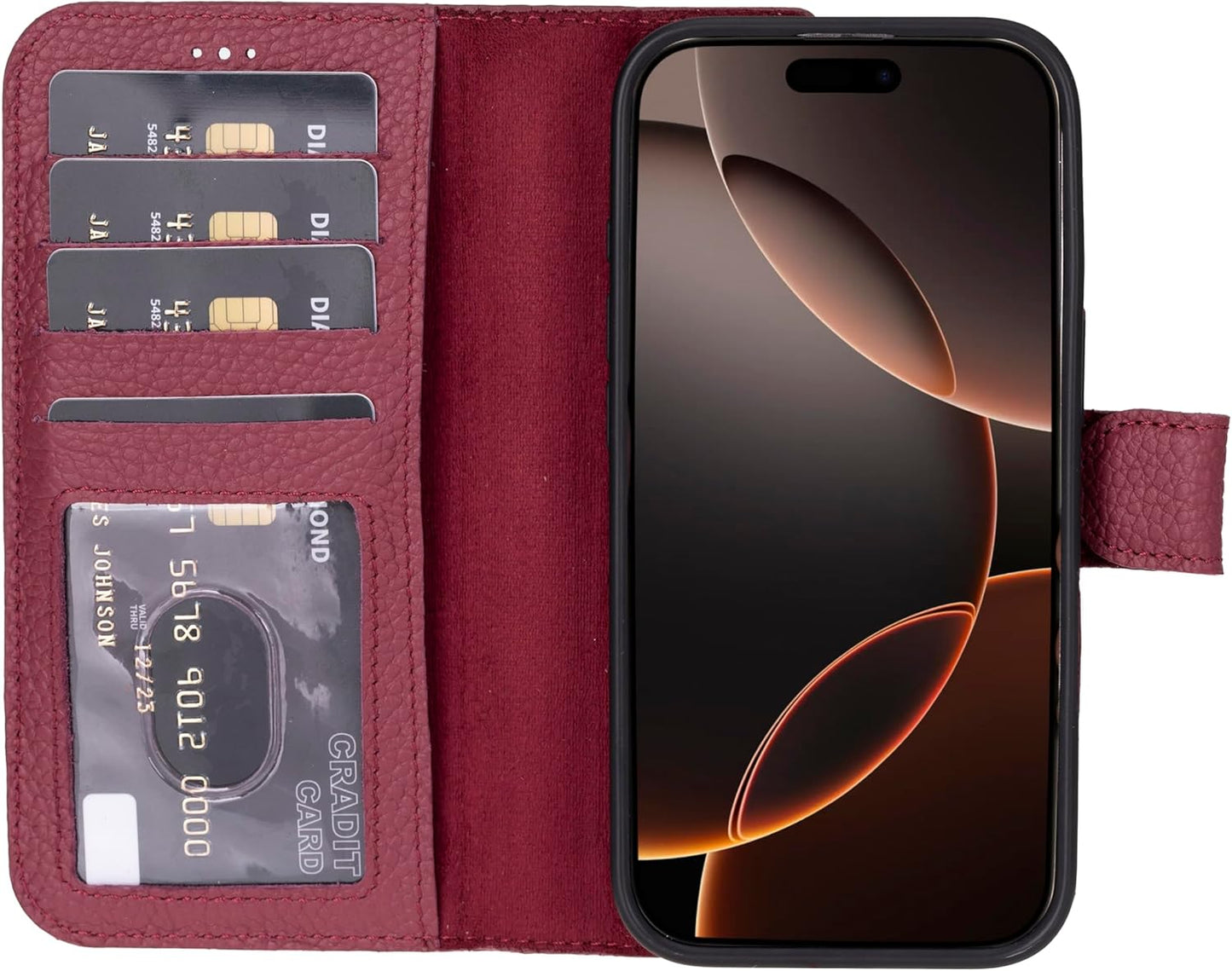 Genuine Leather Handmade Wallet Case for iPhone 16 Pro - Burgundy