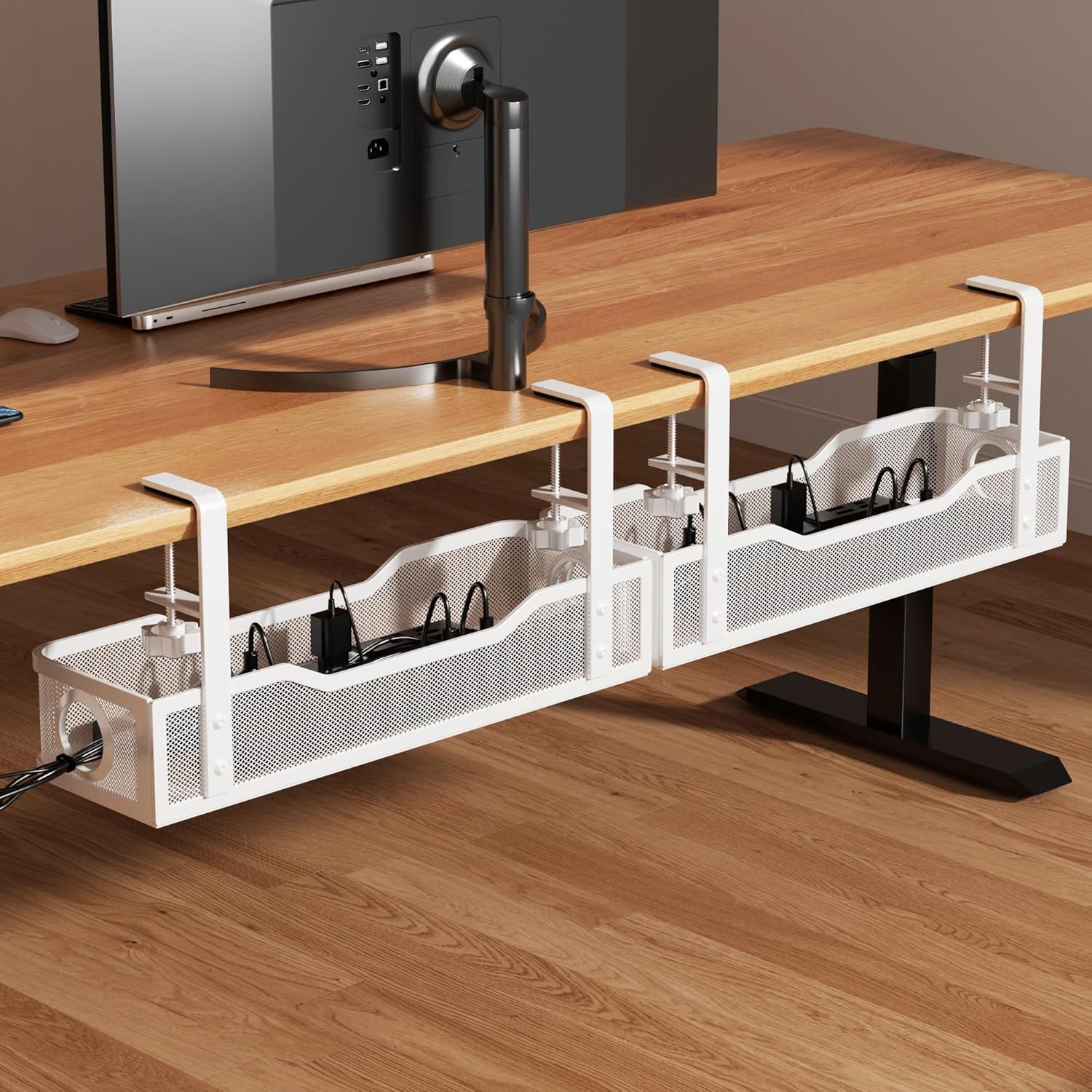 Effortless Desk Wire Management: Cinati 2-Pack Tray Set - No Drill Clamp, Max 3 Table Thickness