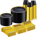 WELLIFE 600 PCS Black and Gold Disposable Dinnerware Set for Parties