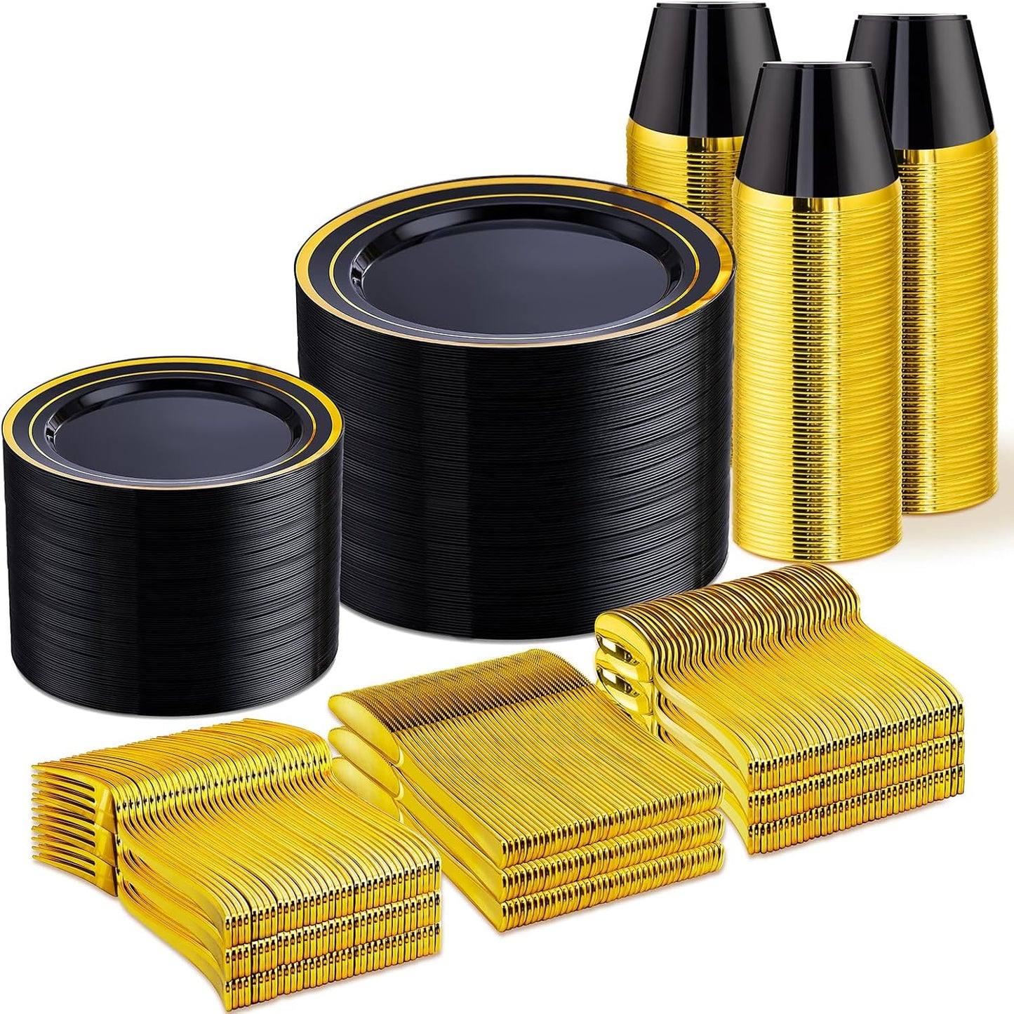 WELLIFE 600 PCS Black and Gold Disposable Dinnerware Set for Parties
