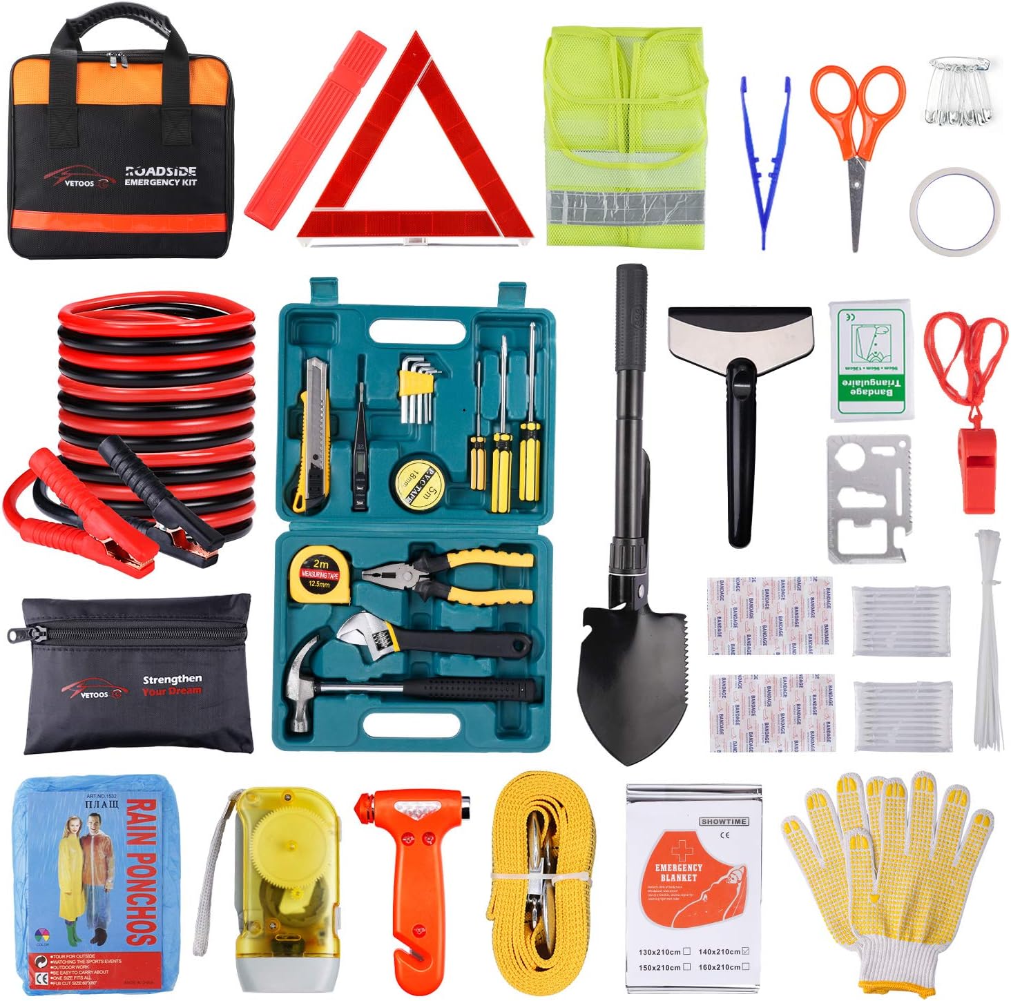 Vetoos Car Roadside Emergency Kit with Jumper Cables and Tools