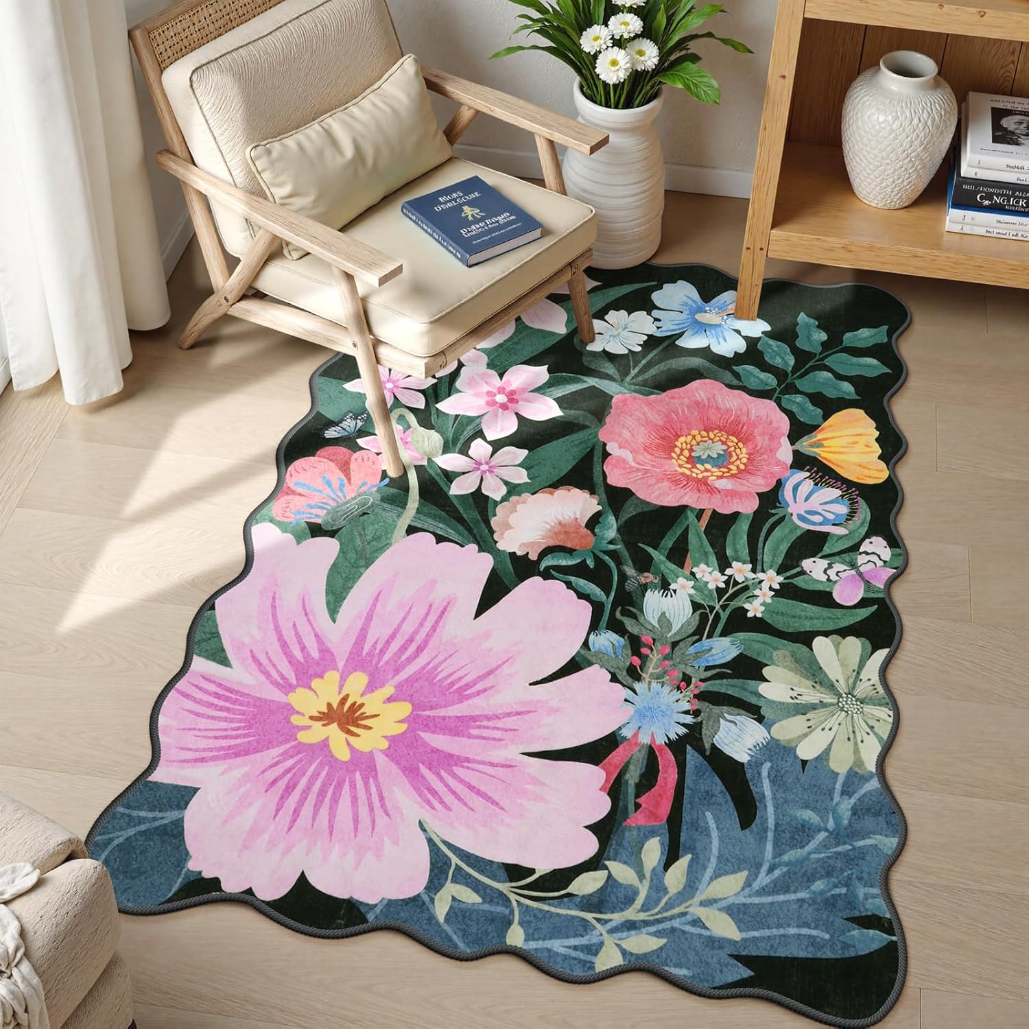 Wonnitar 3x5 Washable Area Rug for Soft Black Flower Design