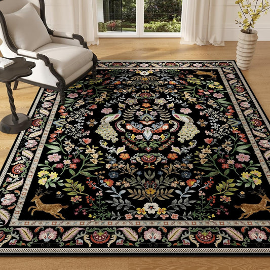 Vibrant Black Floral Area Rug 4x6 Washable Non Slip Carpet